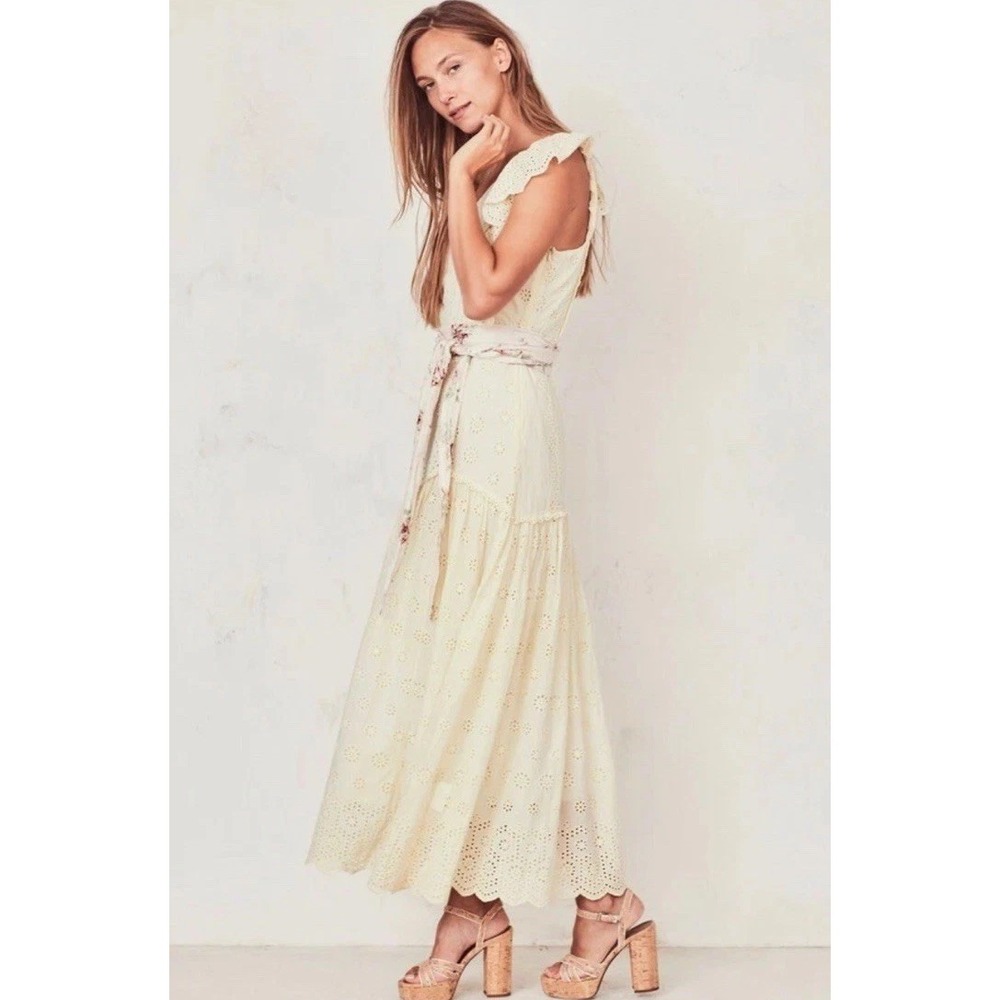 NWT Love Shack Fancy Cressida Eyelet Maxi Dress Pisco Yellow Buttercream MEDIUM